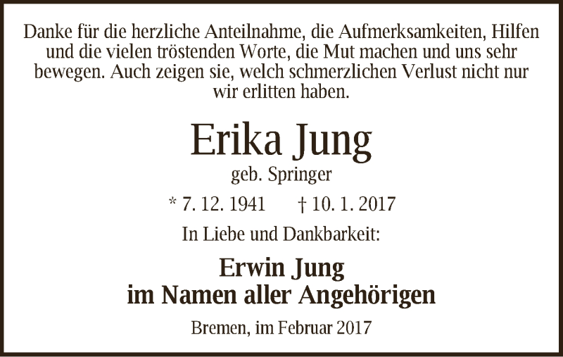 Traueranzeige von Erika Jung von WESER-KURIER