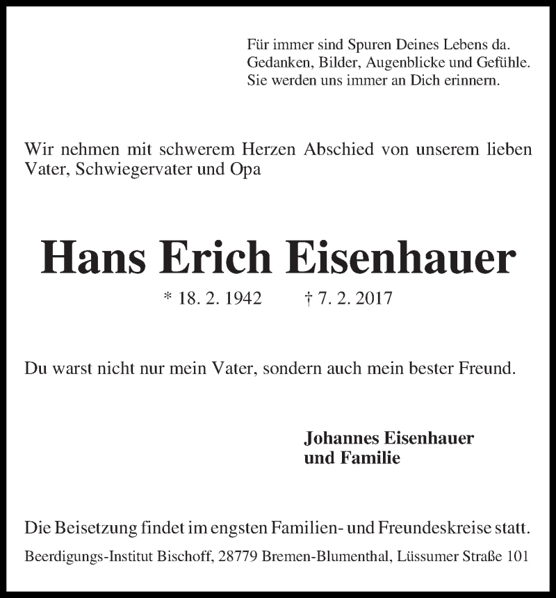 Traueranzeige von Hans Erich Eisenhauer von Die Norddeutsche