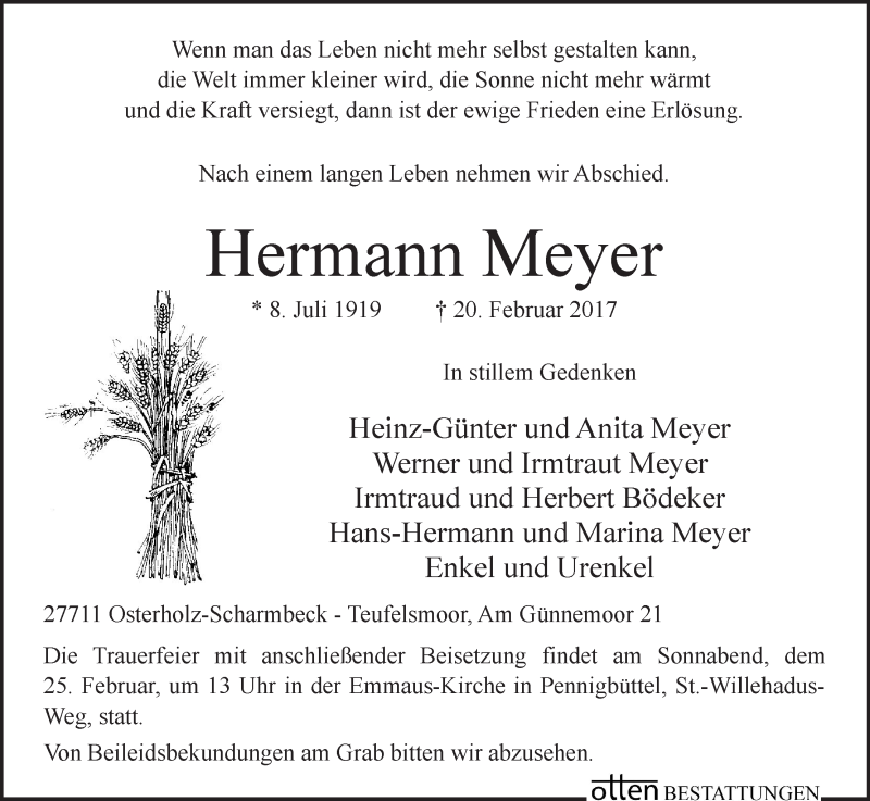 Traueranzeige von Hermann Meyer von Osterholzer Kreisblatt