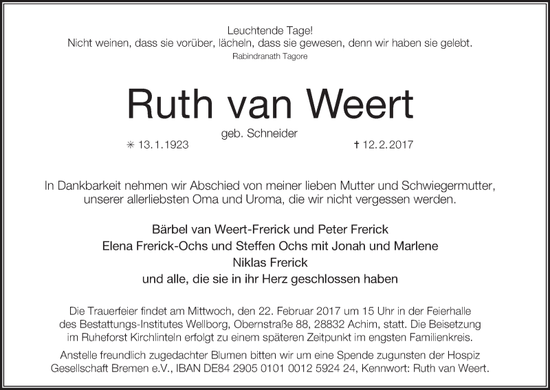 Traueranzeige von Ruth van Weert von WESER-KURIER