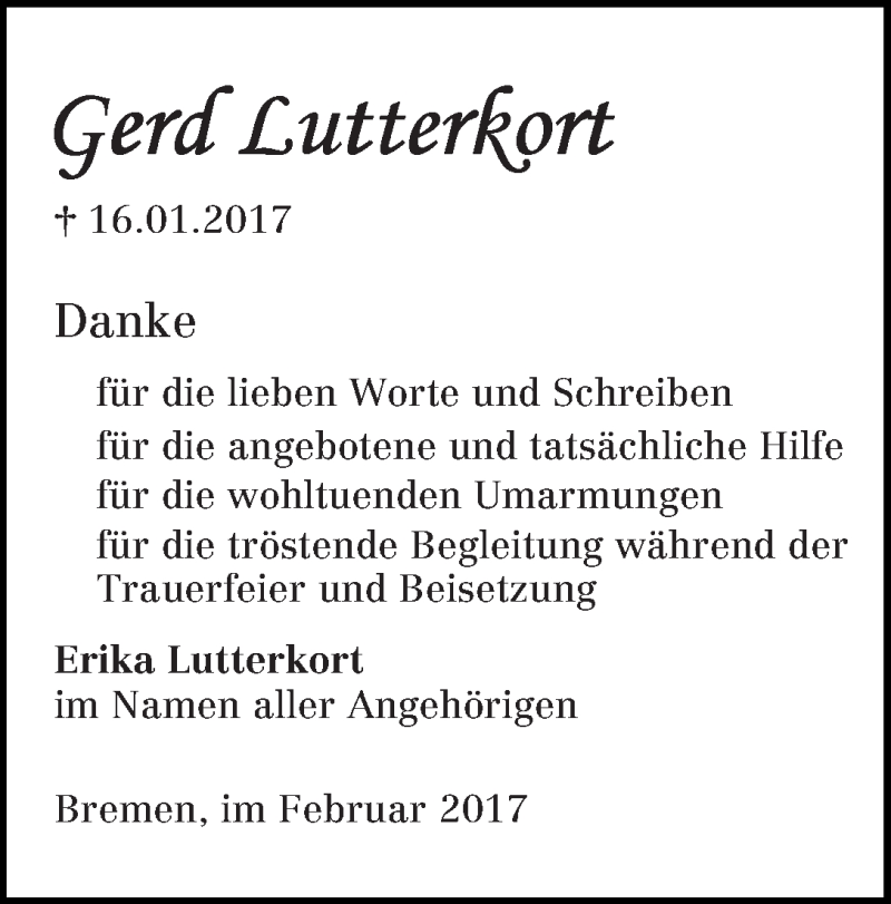 Traueranzeige von Gerd Lutterkort von WESER-KURIER