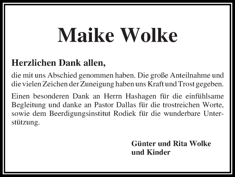  Traueranzeige für Maike Wolke vom 11.02.2017 aus Die Norddeutsche