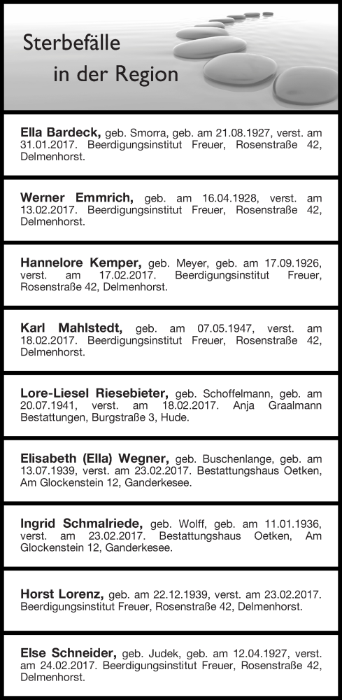 Traueranzeige von Sterbefälle 28.02.2017 Delmenhorst von Delmenhorster Kurier