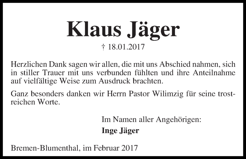 Traueranzeige von Klaus Jäger von Die Norddeutsche