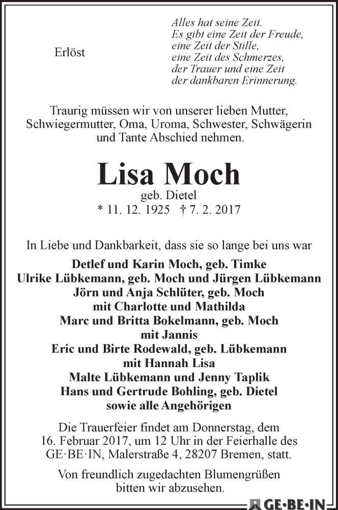 Traueranzeige von Lisa Moch von WESER-KURIER
