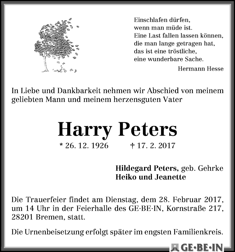 Traueranzeige von Harry Peters von WESER-KURIER