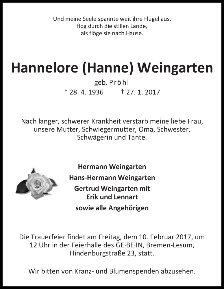 Traueranzeige von Hannelore (Hanne) Weingarten von Osterholzer Kreisblatt