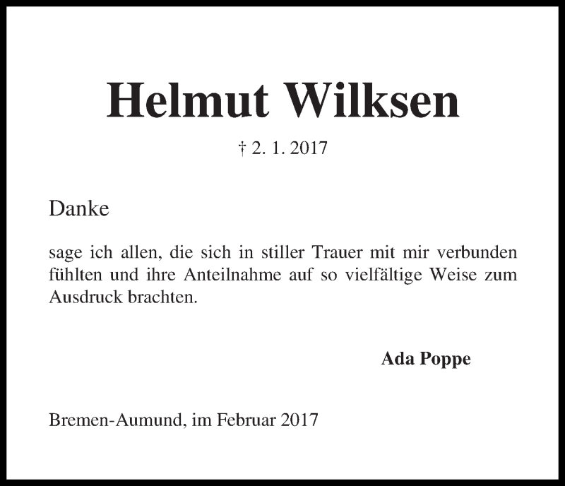 Traueranzeige von Helmut Wilksen von Die Norddeutsche