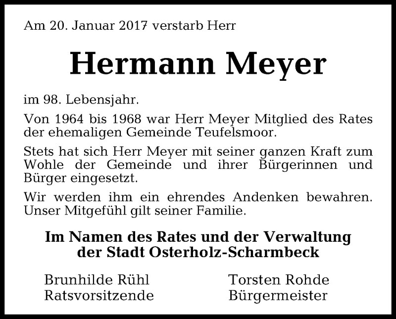 Traueranzeige von Hermann Meyer von Osterholzer Kreisblatt