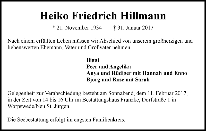 Traueranzeige von Heiko Friedrich Hillmann von Wuemme Zeitung