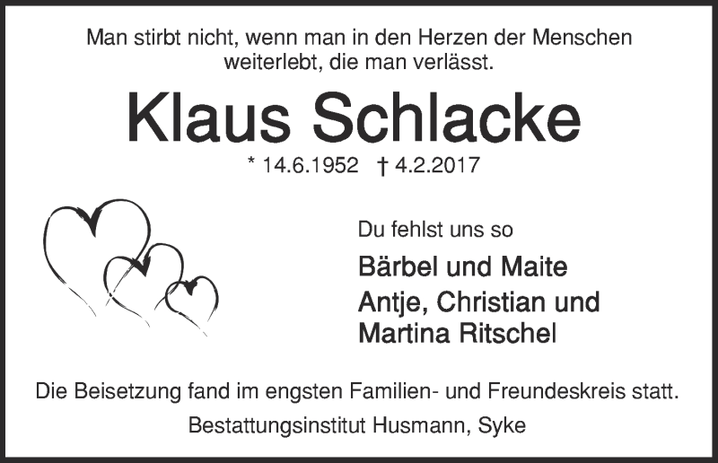 Traueranzeige von Klaus Schlacke von WESER-KURIER