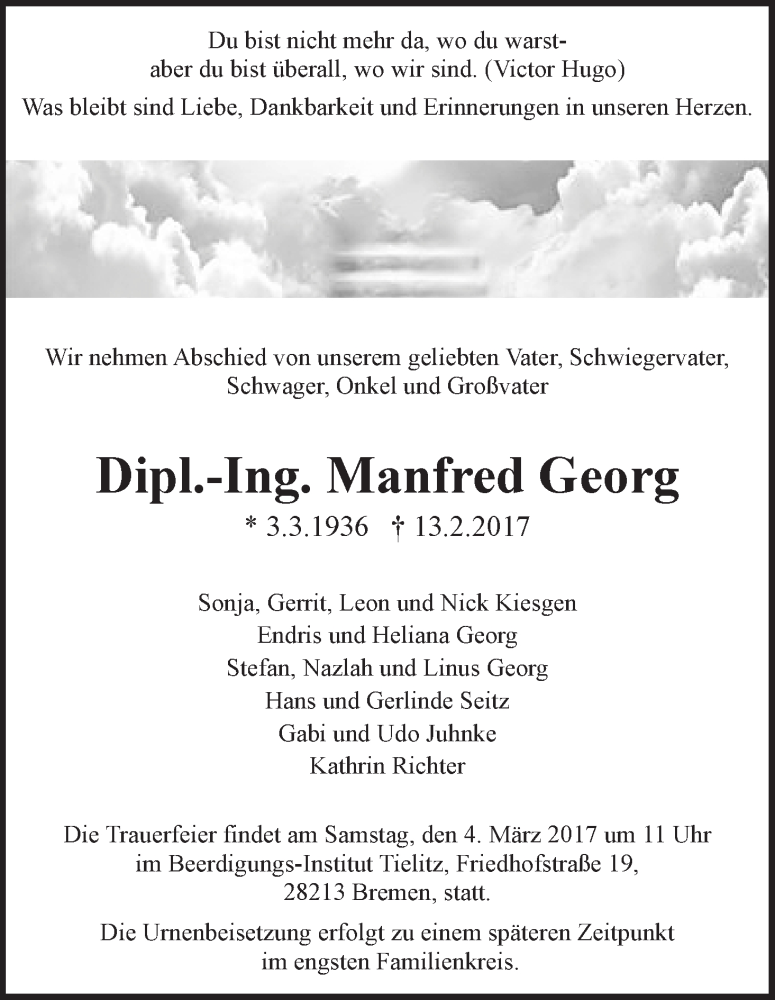 Traueranzeige von Manfred Georg von WESER-KURIER