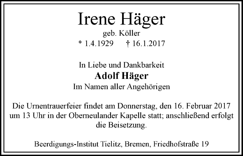 Traueranzeige von Irene Häger von WESER-KURIER