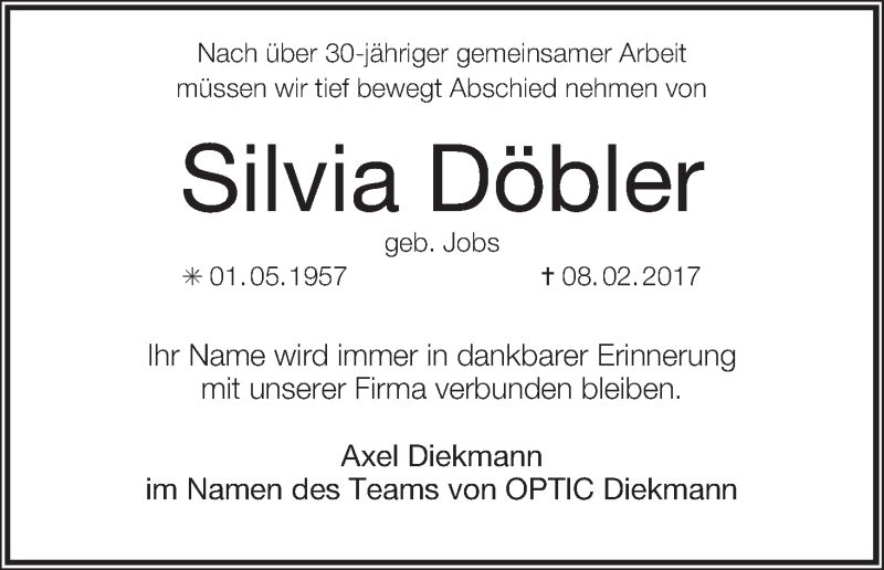 Traueranzeige von Silvia Döbler von Achimer Kurier/Verdener Nachrichten