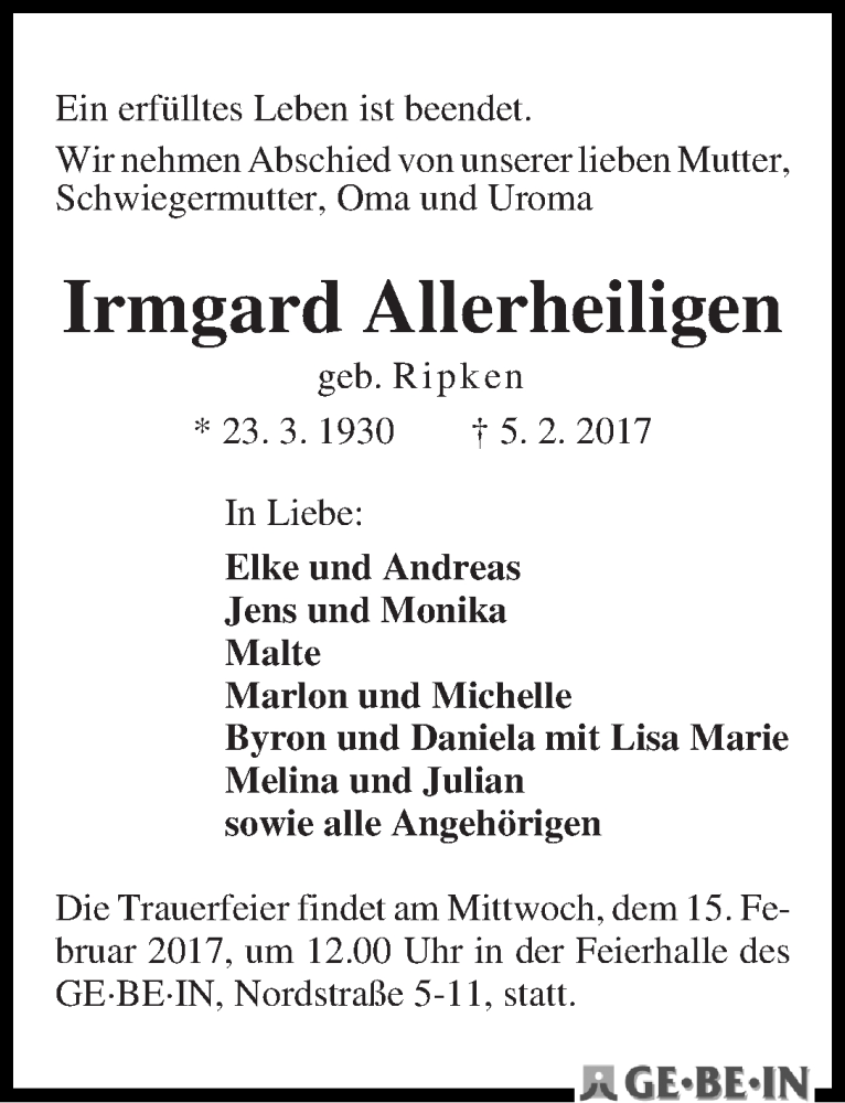 Traueranzeige von Irmgard Allerheiligen von WESER-KURIER
