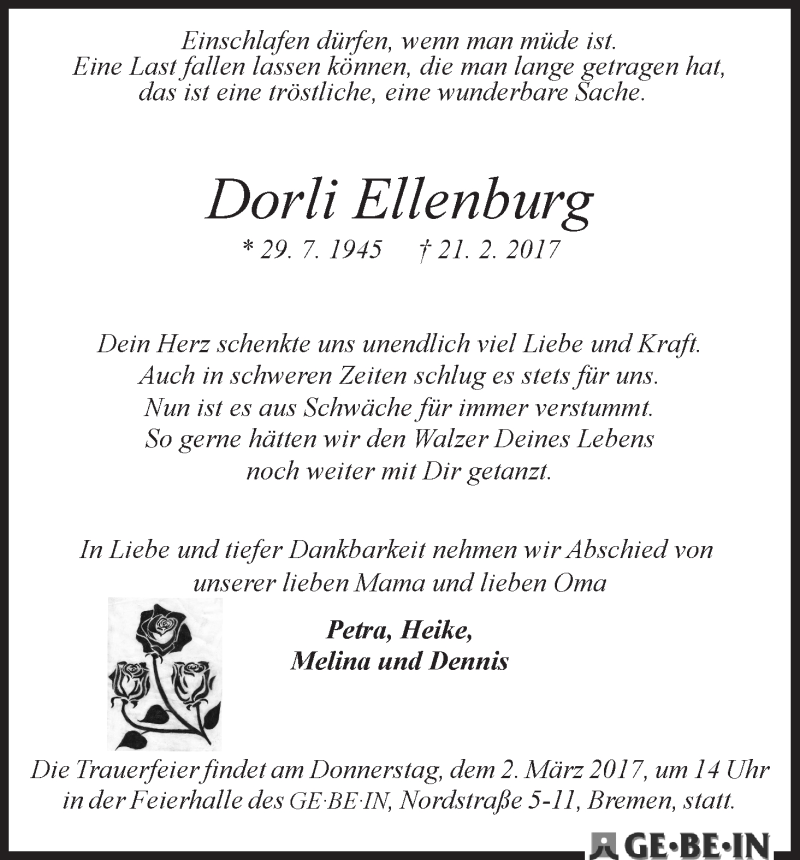 Traueranzeige von Dorli Ellenburg von WESER-KURIER