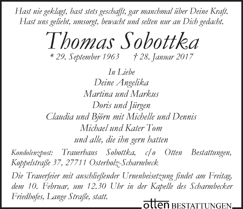 Traueranzeige von Thomas Sobottka von WESER-KURIER
