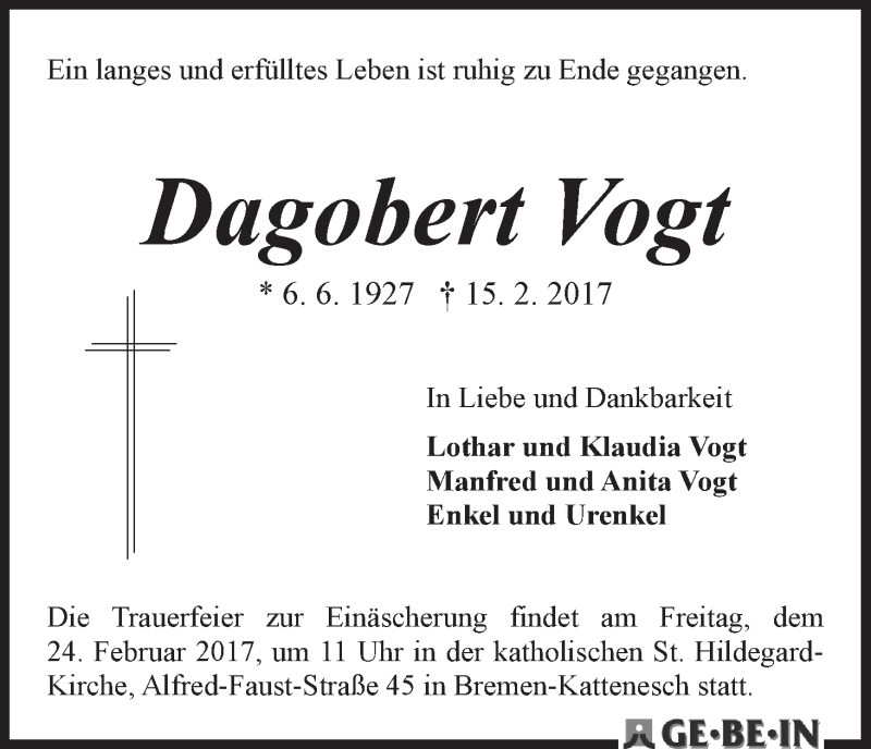 Traueranzeige von Dagobert Vogt von WESER-KURIER