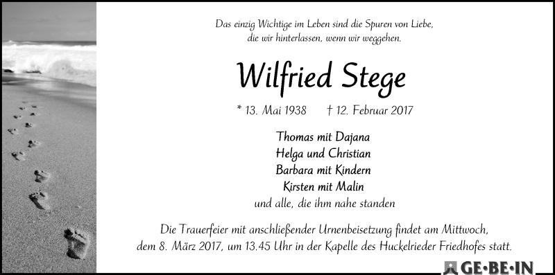 Traueranzeige von Wilfried Stege von WESER-KURIER