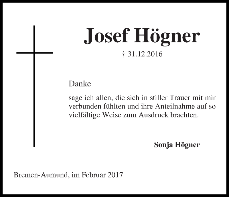 Traueranzeige von Josef Högner von Die Norddeutsche