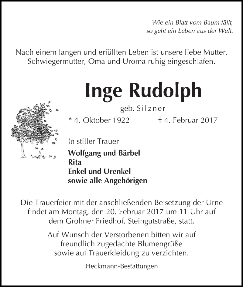 Traueranzeige von Inge Rudolph von Die Norddeutsche