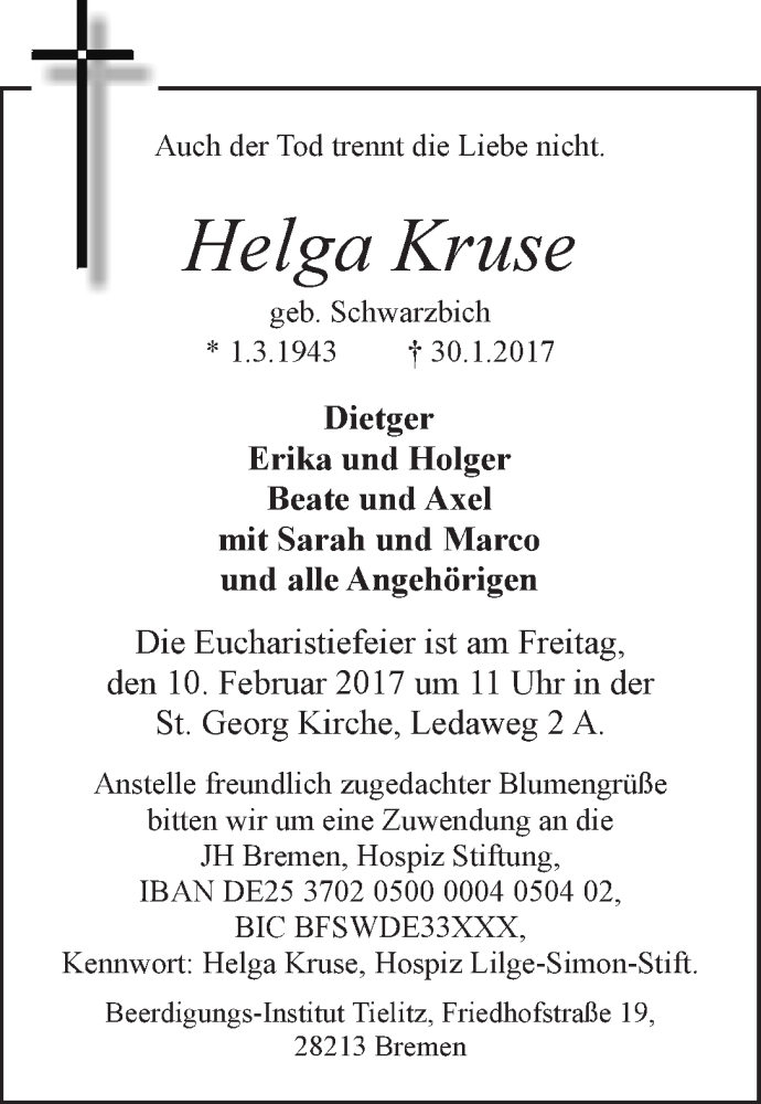 Traueranzeige von Helga Kruse von WESER-KURIER