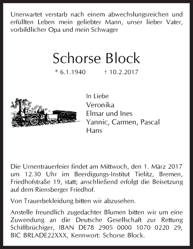 Traueranzeige von Schorse Block von WESER-KURIER