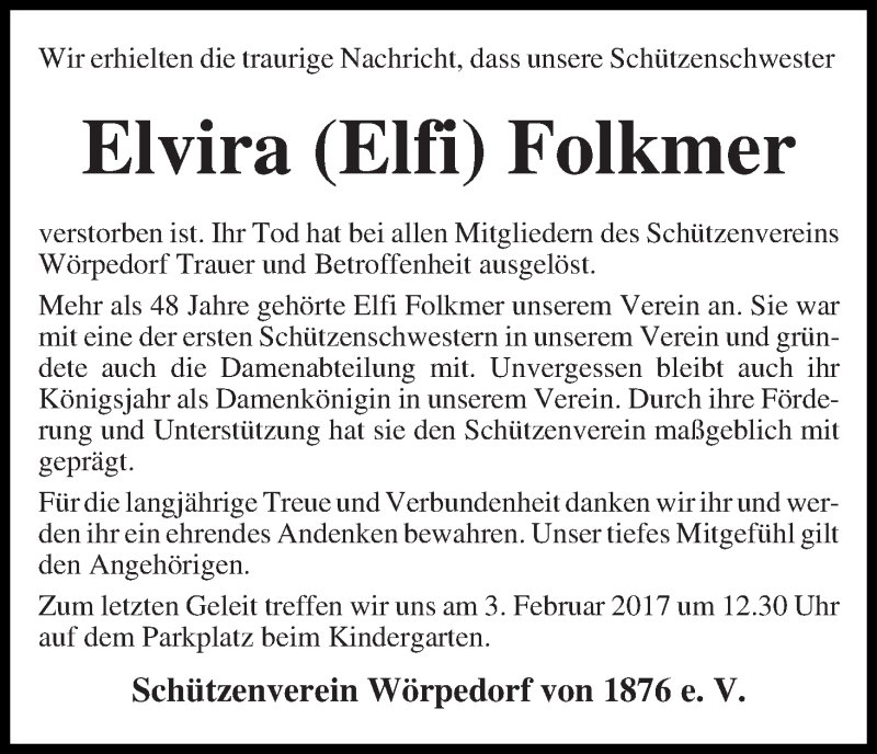 Traueranzeige von Elvira (Elfi) Folkmer von Wuemme Zeitung