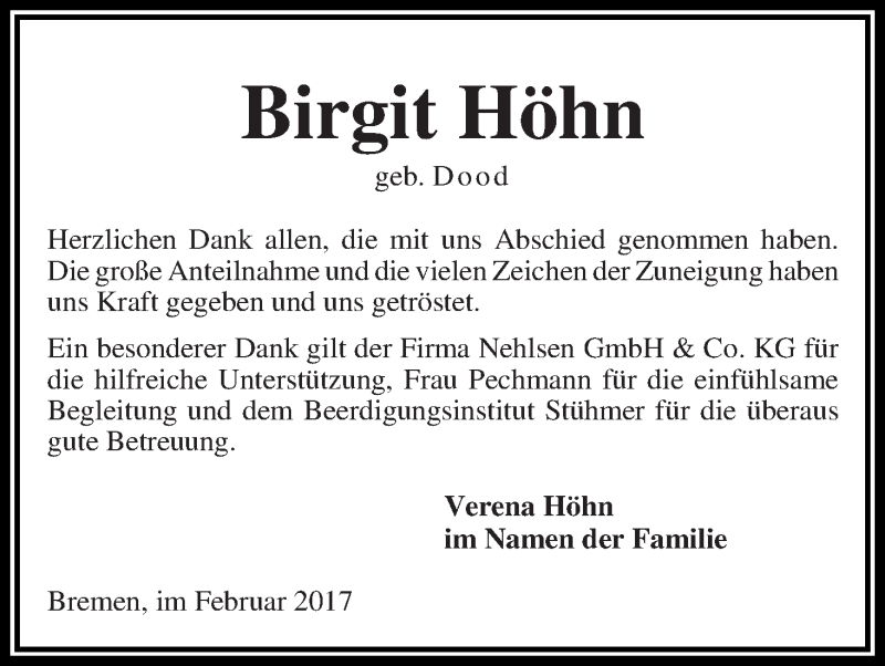  Traueranzeige für Birgit Höhn vom 03.02.2017 aus Die Norddeutsche