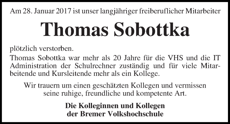 Traueranzeige von Thomas Sobottka von WESER-KURIER