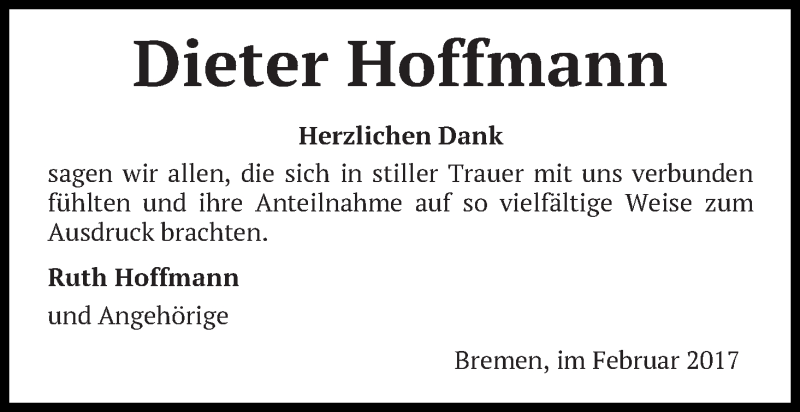 Traueranzeige von Dieter Hoffmann von WESER-KURIER