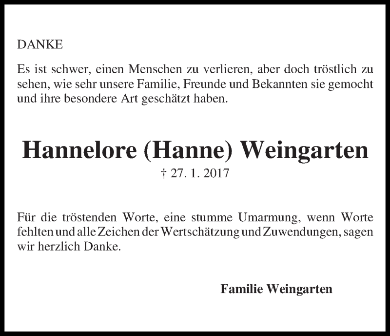 Traueranzeige von Hannelore Weingarten von Osterholzer Kreisblatt