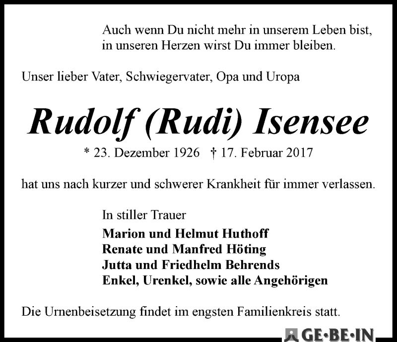Traueranzeige von Rudolf  Isensee von WESER-KURIER