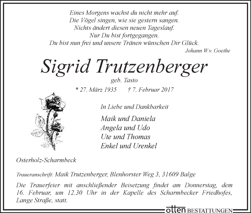 Traueranzeige von Sigrid Trutzenberger von Osterholzer Kreisblatt