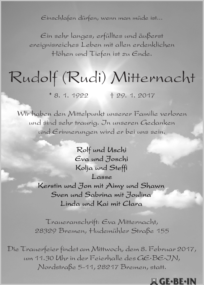  Traueranzeige für Rudolf (Rudi) Mitternacht vom 04.02.2017 aus WESER-KURIER