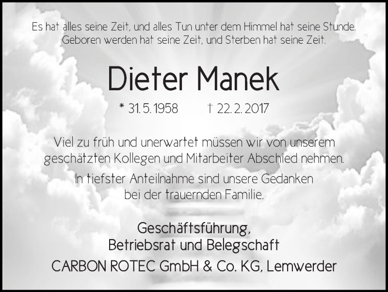 Traueranzeige von Dieter Manek von WESER-KURIER