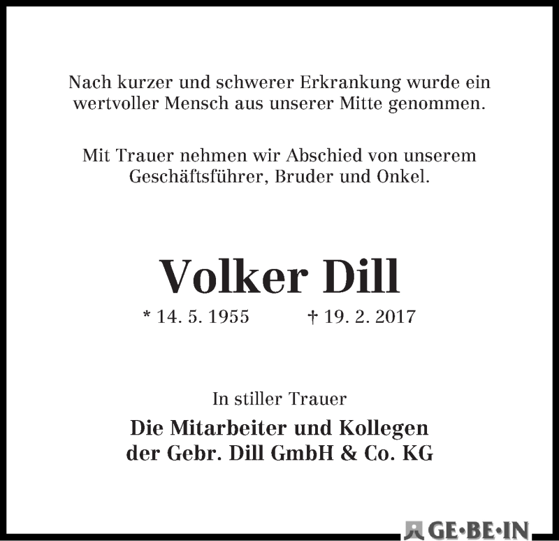Traueranzeige von Volker Dill von WESER-KURIER