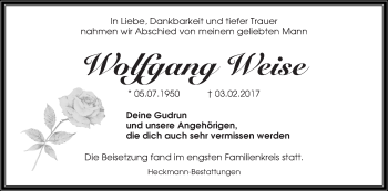 Traueranzeige von Wolfgang Weise