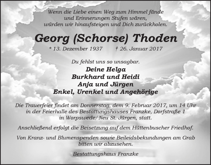 Traueranzeige von Georg (Schorse) Thoden von Wuemme Zeitung