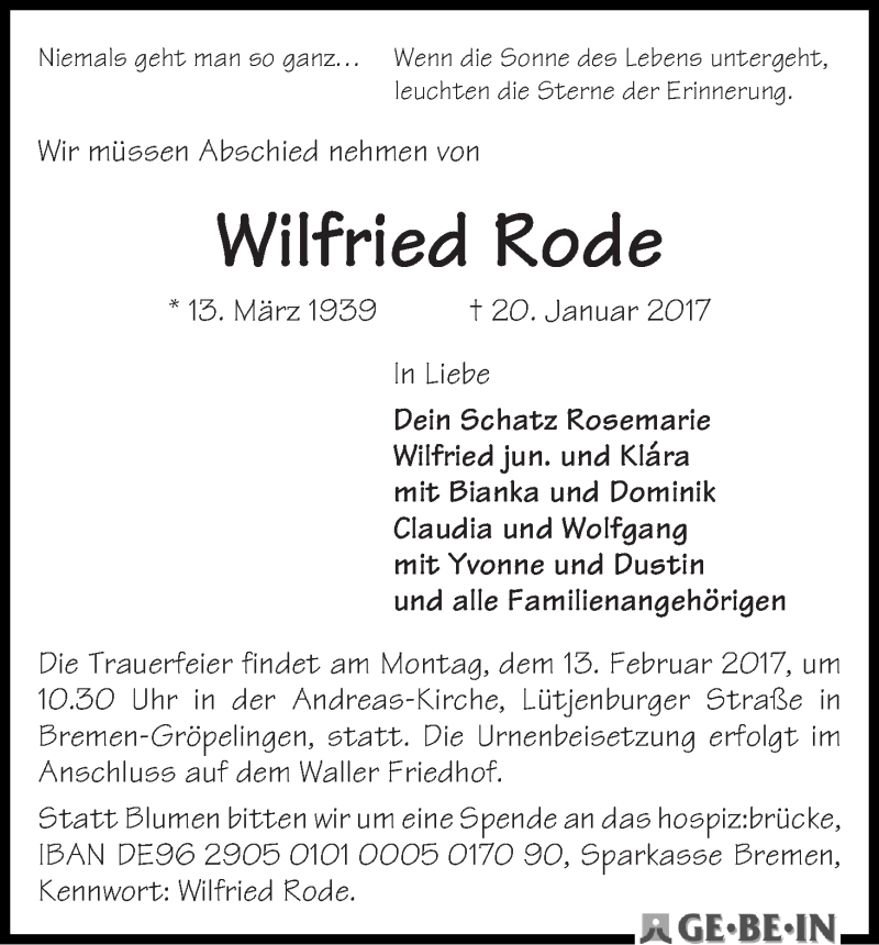  Traueranzeige für Wilfried Rode vom 04.02.2017 aus WESER-KURIER