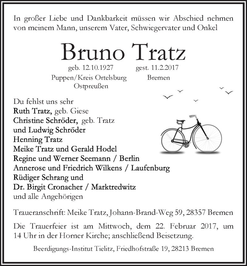  Traueranzeige für Bruno Tratz vom 15.02.2017 aus WESER-KURIER