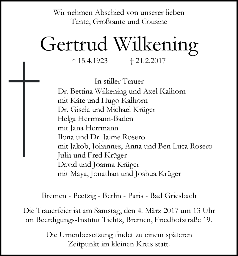 Traueranzeige von Gertrud Wilkening von WESER-KURIER