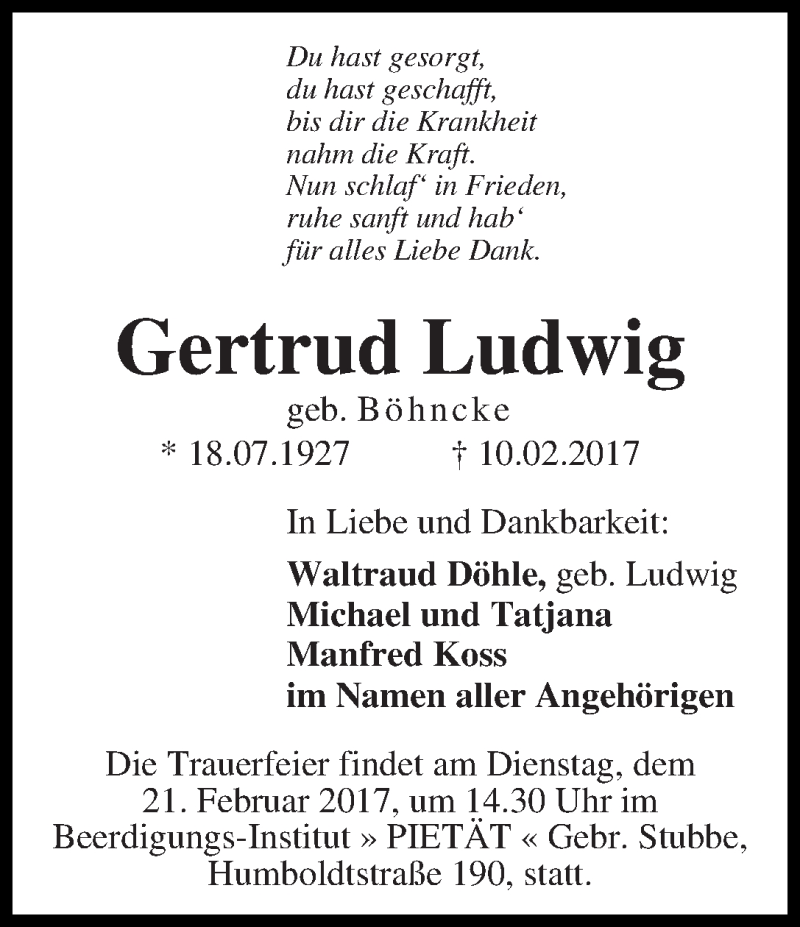 Traueranzeige von Gertrud Ludwig von WESER-KURIER