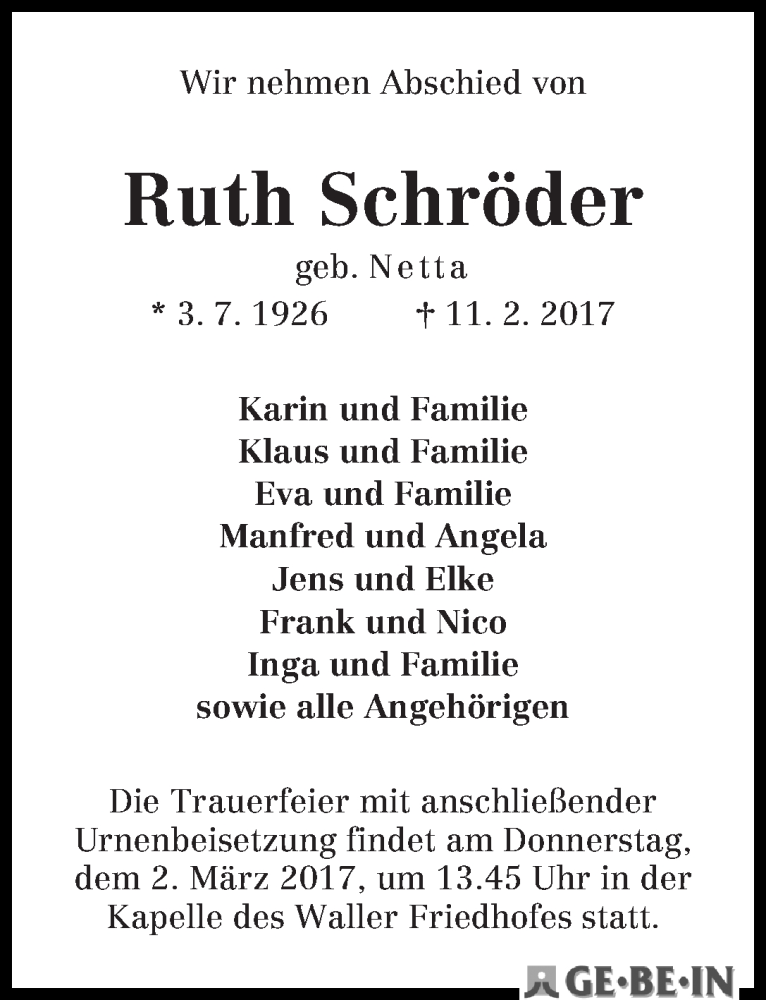 Traueranzeige von Ruth Schröder von WESER-KURIER