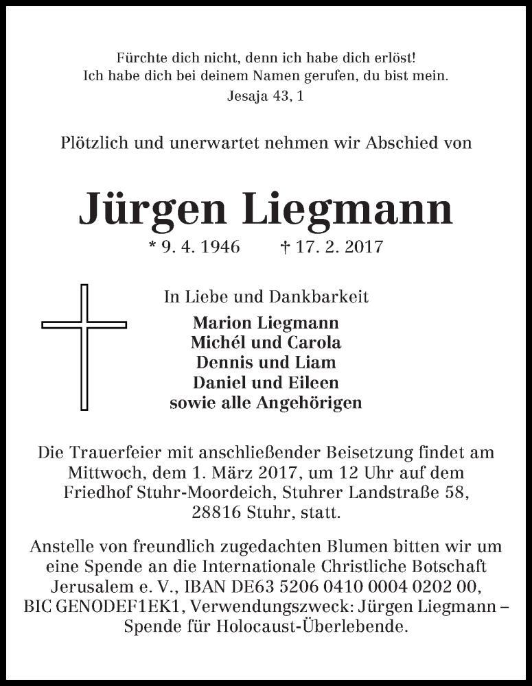 Traueranzeige von Jürgen Liegmann von WESER-KURIER