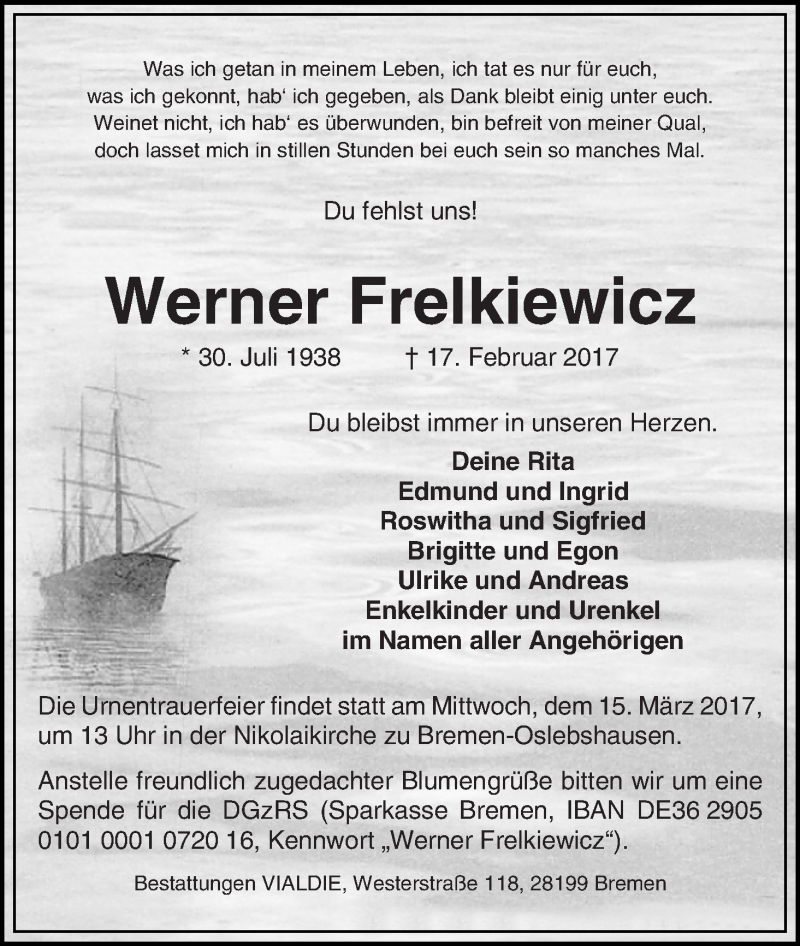  Traueranzeige für Werner Frelkiewicz vom 25.02.2017 aus WESER-KURIER