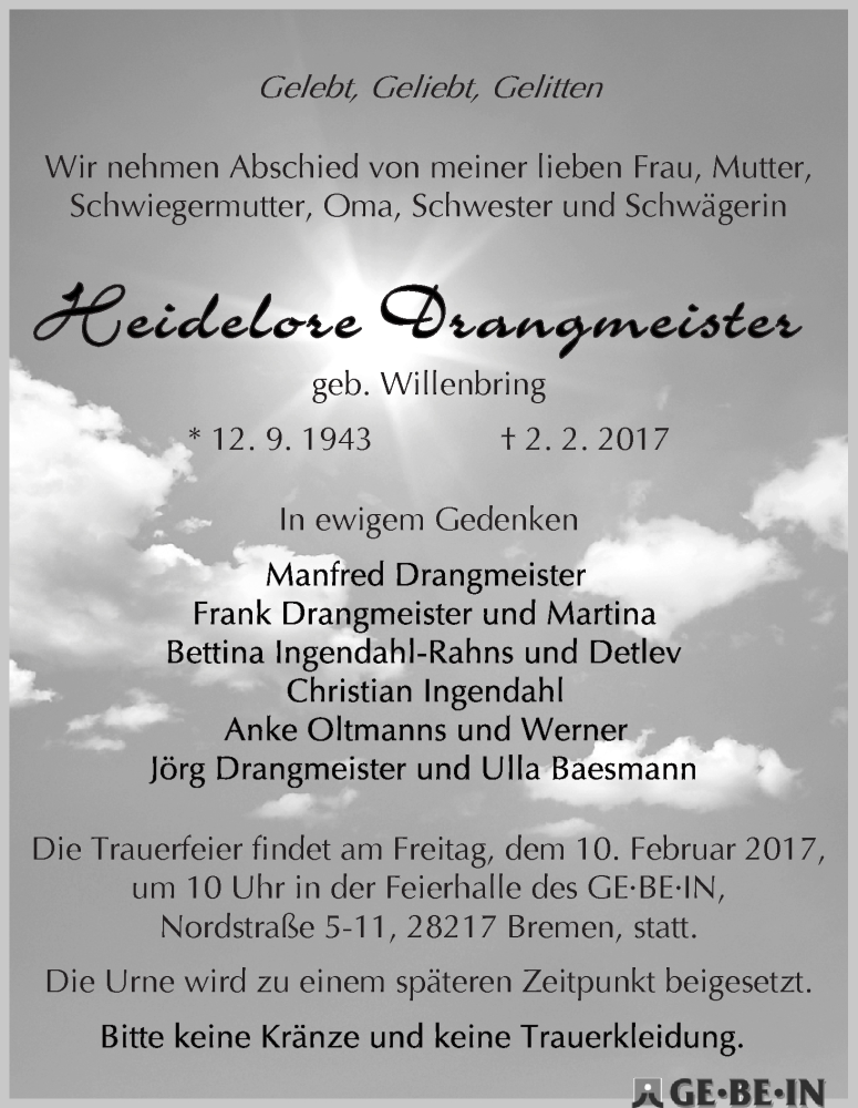 Traueranzeige von Heidelore Drangmeister von WESER-KURIER