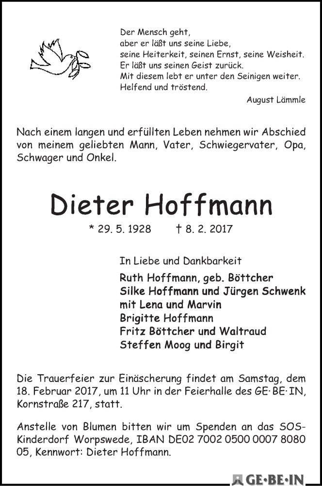 Traueranzeige von Dieter Hoffmann von WESER-KURIER
