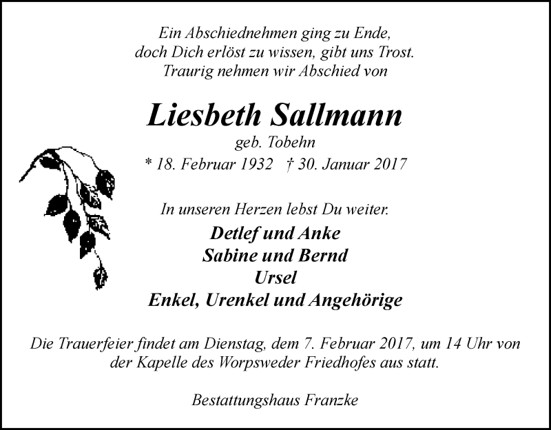 Traueranzeige von Liesbeth Sallmann von Wuemme Zeitung