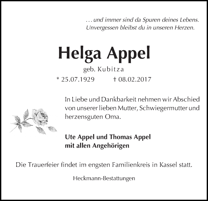 Traueranzeige von Helga Appel von Die Norddeutsche